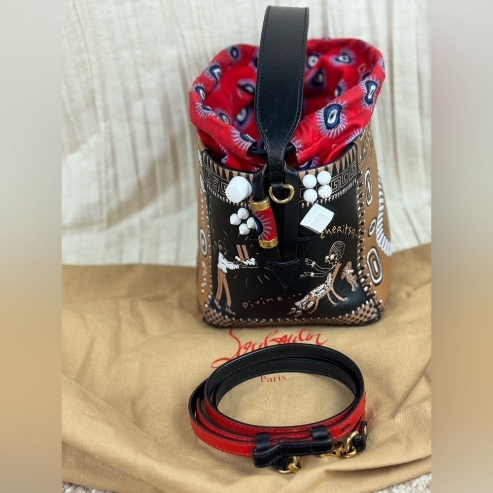 CHRISTIAN LOUBOUTIN Greekaba Mini Embossed Antique Bucket Bag In Multi/Black. - Picture 9 of 16